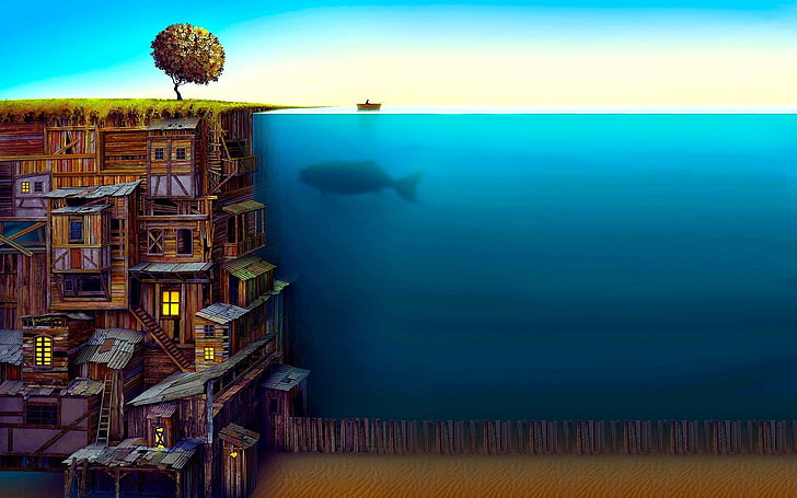 houses near body of water with boat and big fish painting, Fantasy
