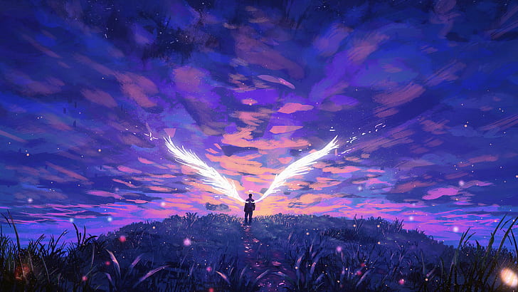 artwork, fantasy art, wings, sky, clouds, Lucifer, angel, HD wallpaper