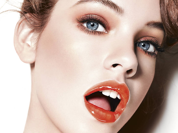 red lipstick, Barbara Palvin, model, open mouth, makeup, looking at viewer