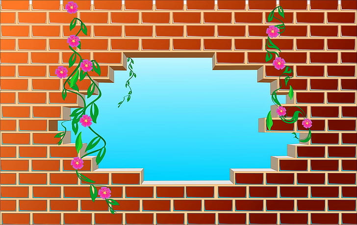 Brick Wall, brown brick wall graphic, beautiful, flowers, 3d and abstract