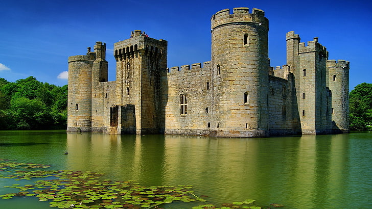 brown castle, lake, stone, fort, architecture, famous Place, tower, HD wallpaper