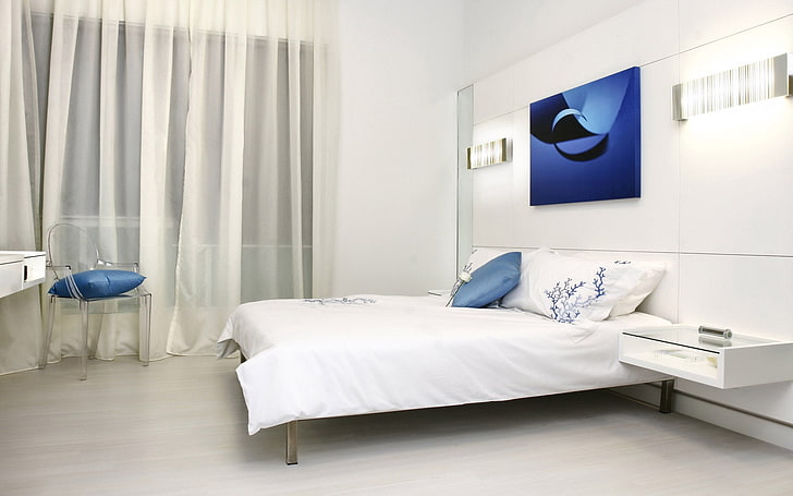 white bed comforter, room, furniture, painting, interior, bedroom