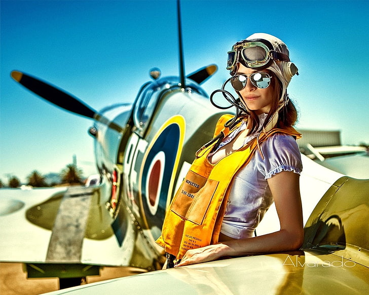 women's white shirt, helmet, and Aviator-style sunglasses, Models