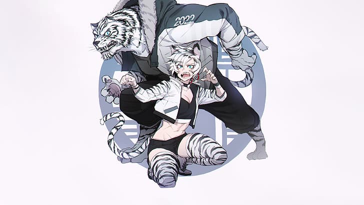 ratatatat74, original characters, cat girl, fangs, tiger, stripes, HD wallpaper
