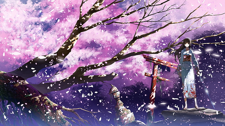 anime, cherry blossom, spring, anime girls, original characters, HD wallpaper