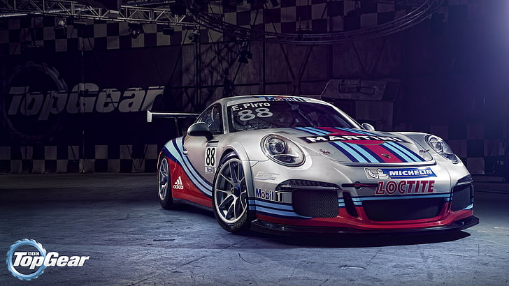 gray sports coupe, Top Gear, Porsche 911, GT3 Cup, Martini Racing