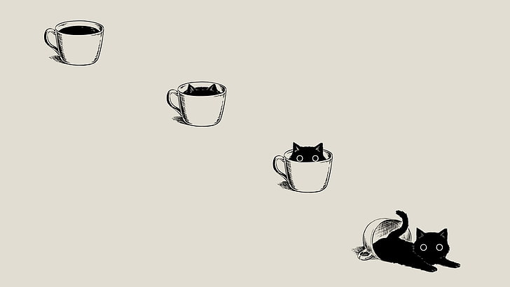 black cat on white cup clip art, anime, manga, minimalism, simple background