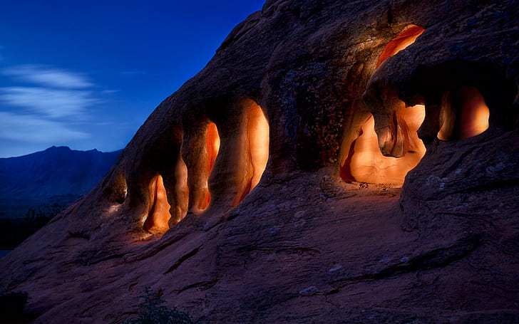 Cave Dwellers, lights, nature, beautiful, deserts, caves, night, HD wallpaper