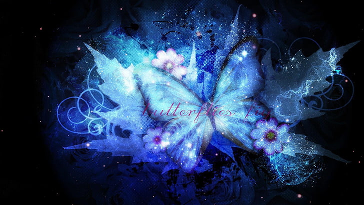 blue butterfly, digital art, special effects, darkness, electric blue