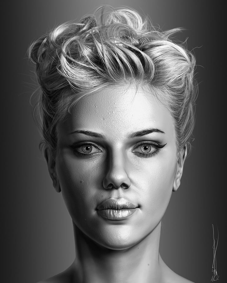 woman's portrait painting, Scarlett Johansson, 3D, face, young adult