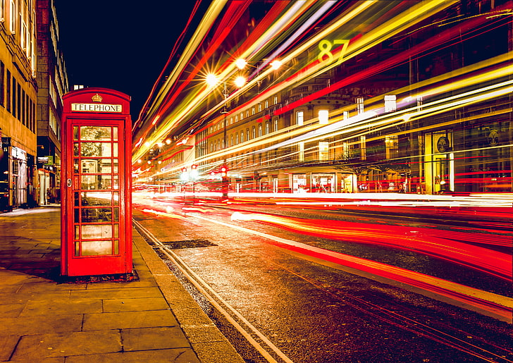 red telephone booth, night, lights, street, England, London, excerpt, HD wallpaper