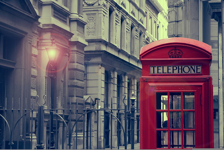 red telephone box beside the building, light, city, the city, HD wallpaper