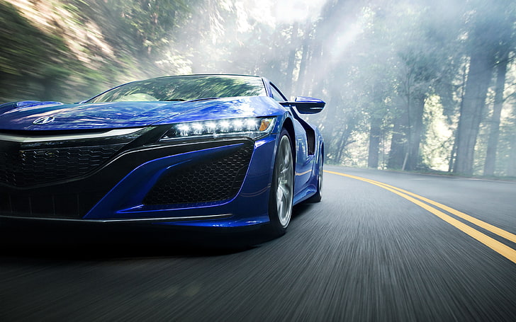 Acura NSX, car, vehicle, mist, forest, road, motion blur, motor vehicle