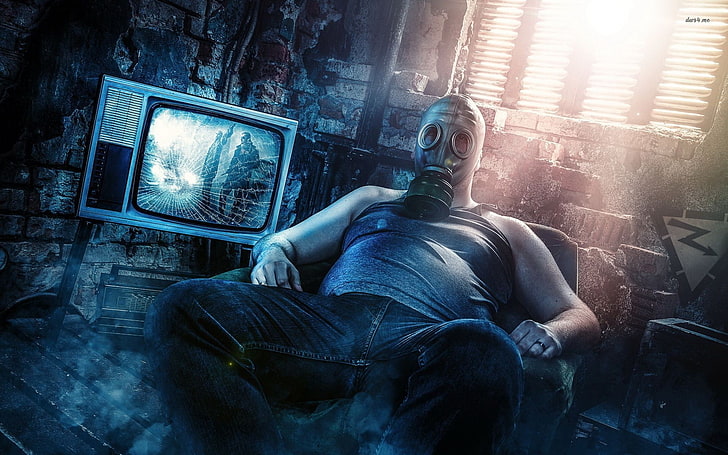 man wearing gas mask and tank top graphic wallpaper, gas masks, HD wallpaper