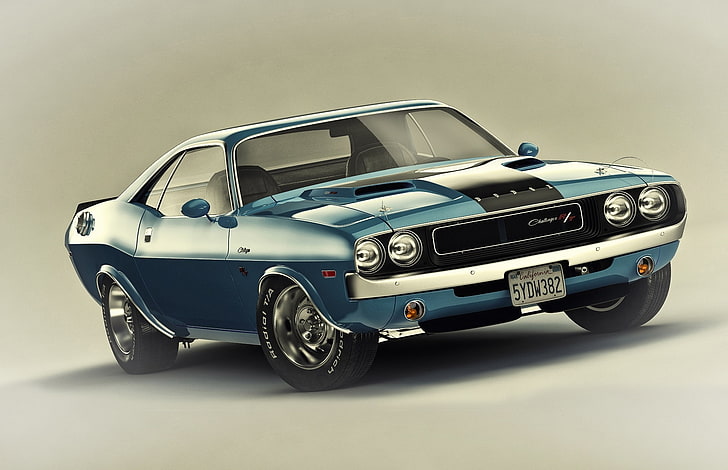 blue Dodge coupe, Muscle, Challenger, Car, 1970, R/T, motor vehicle, HD wallpaper