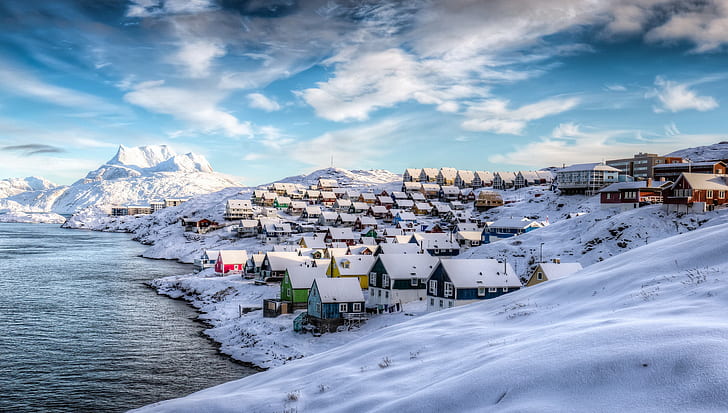 Greenland, winter, blue, sky, snow, colorful, house, cyan, sunlight, HD wallpaper