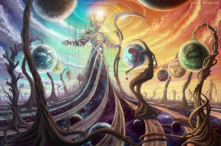 psychedelic, gods, abstract, scythe, space, planet, fantasy art