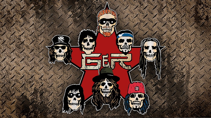 red and black star logo, guns n roses, skulls, hair, background