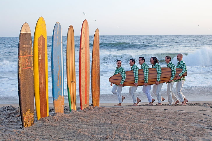 seven surfboards, Rammstein, R+, Mein Herz Brent, beach, people