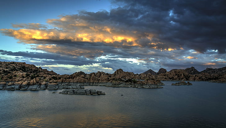 photo of sea and mountains, Clouds, Arizona, Prescott, Lake, Outdoors, HD wallpaper