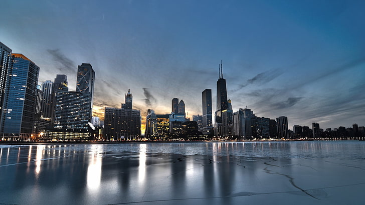 gray concrete buildings, cityscape, HDR, sea, reflection, Chicago, HD wallpaper