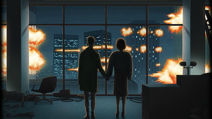 man and woman illustration, artwork, movies, Fight Club, explosion