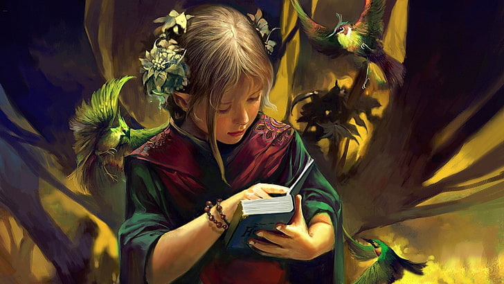girl reading book wallpaper, Fantasy, Elf, Bird, Child, Elven, HD wallpaper