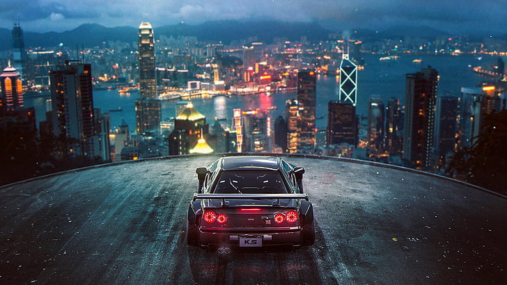 black car illustration, City, Nissan, Skyline, Tuning, Future, HD wallpaper