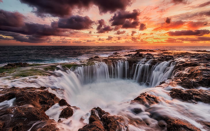 Canary Islands, Spain, sea, sunset, waterfalls, red sky, HD wallpaper