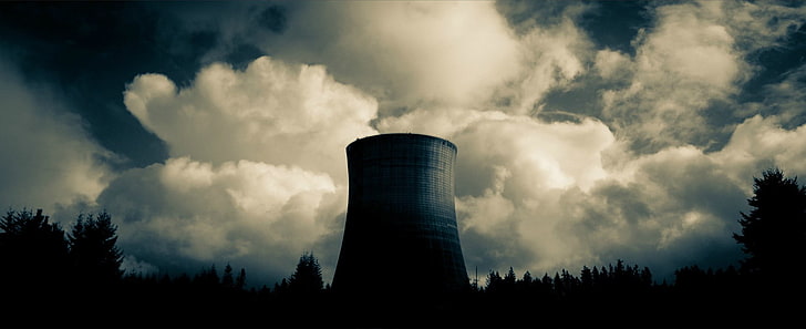 black and white ceramic vase, tower, dark, clouds, cooling towers, HD wallpaper