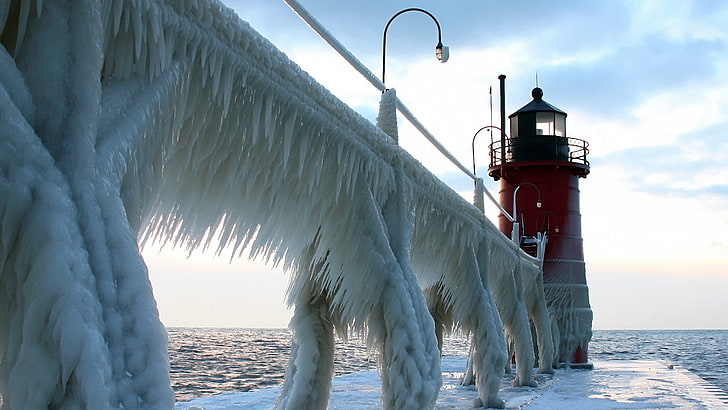ice, lighthouse, sea, sky, water, nature, architecture, built structure