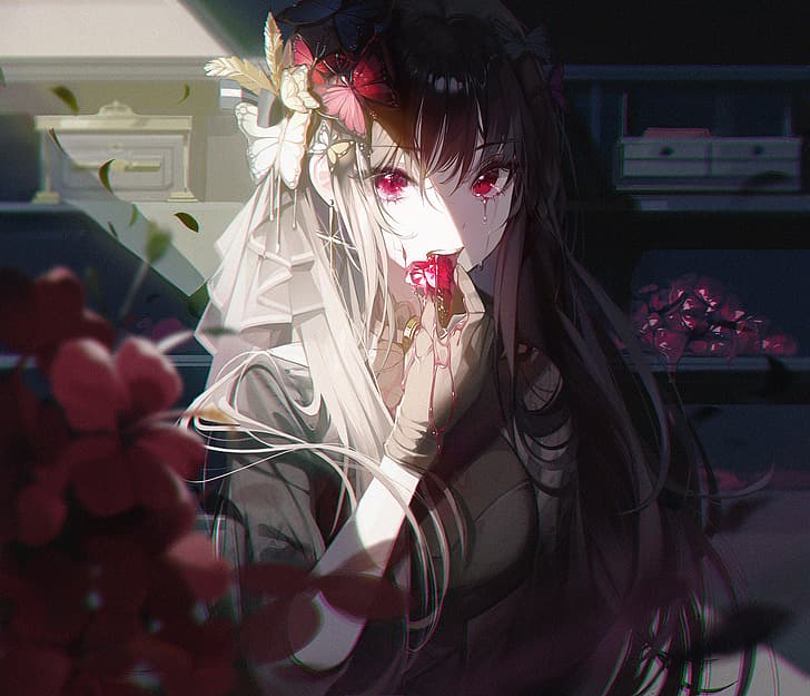 anime, anime girls, blood, crying, red eyes, butterflies, brunette