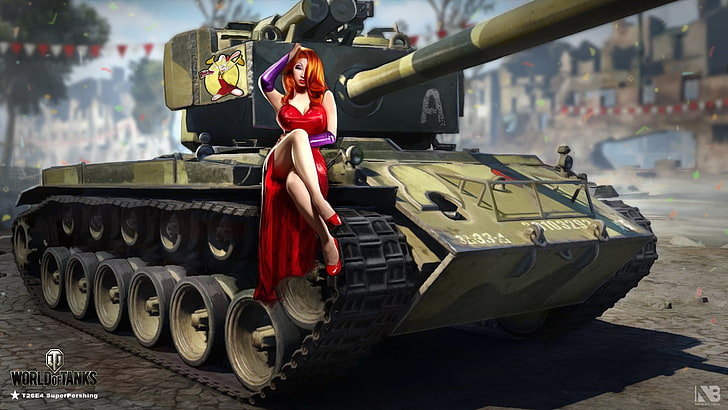 woman wearing red dress while sitting on battle tank digital wallpaper