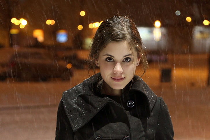 women's black coat, Markéta Stroblová, snow, model, portrait