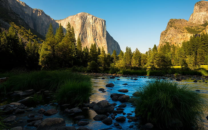rock, lake, water, nature, El Capitan, Yosemite National Park, HD wallpaper