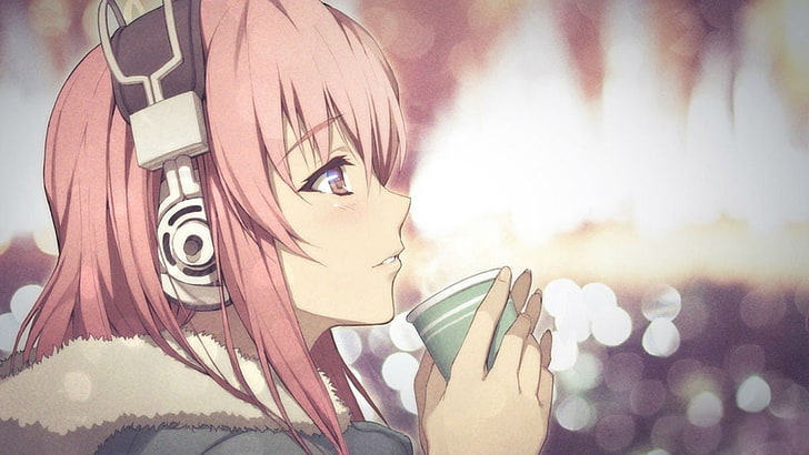 animated girl with headphones wallpaper, female anime character illustration