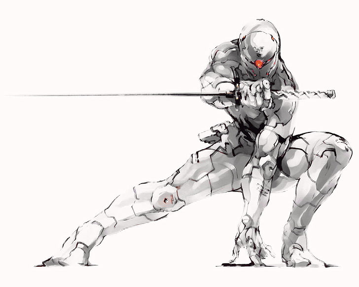 swordsman illustration, Metal Gear Solid, one person, white background