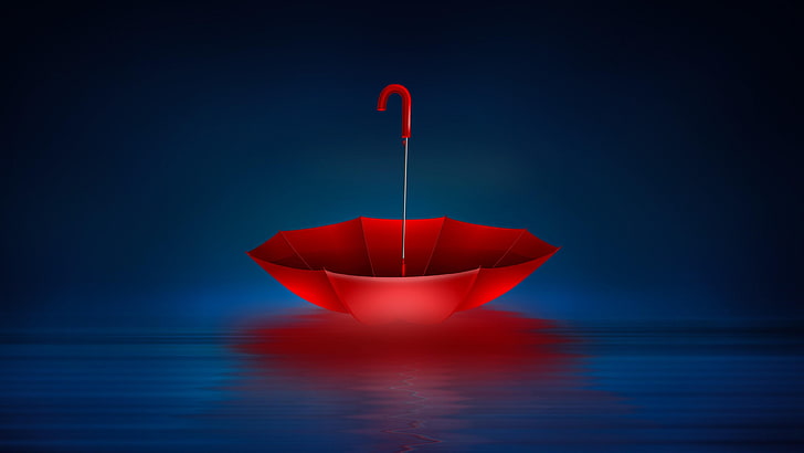 umbrella, red umbrella, reflection, water, calm, digital art, HD wallpaper