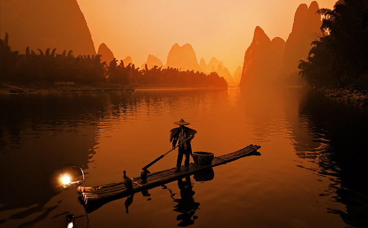 Li River, brown bamboo boat, Asia, China, water, sunset, sky, HD wallpaper