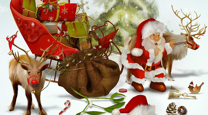 santa claus, reindeer, gifts, bag, christmas tree, bumps, bird, HD wallpaper