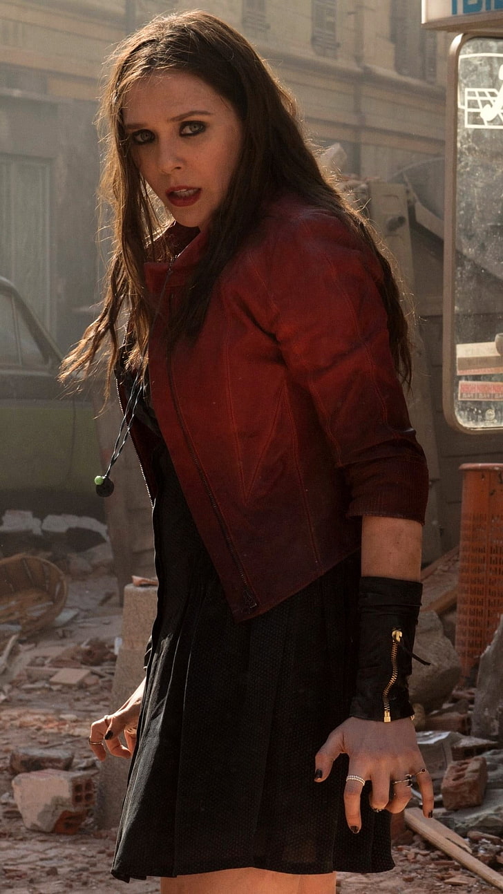 Elizabeth Olsen As Scarlet Witch, women's red jacket and black dress