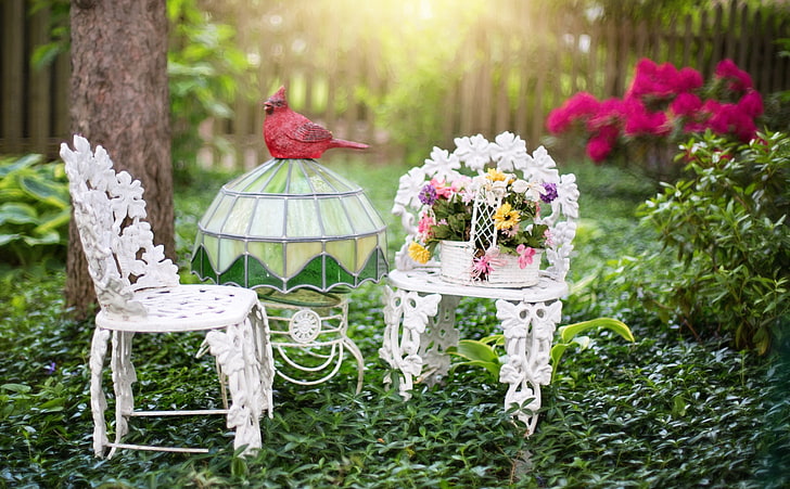 HD wallpaper: Garden, Seasons, Summer, Bird, Flowers, Basket, Chairs,  Outdoor | Wallpaper Flare
