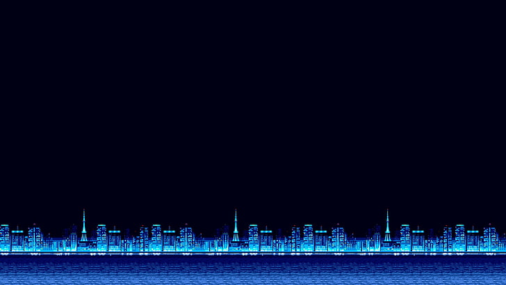 Minimalism, Blue, The city, Background, Pixels, 8bit, Electronic, HD wallpaper