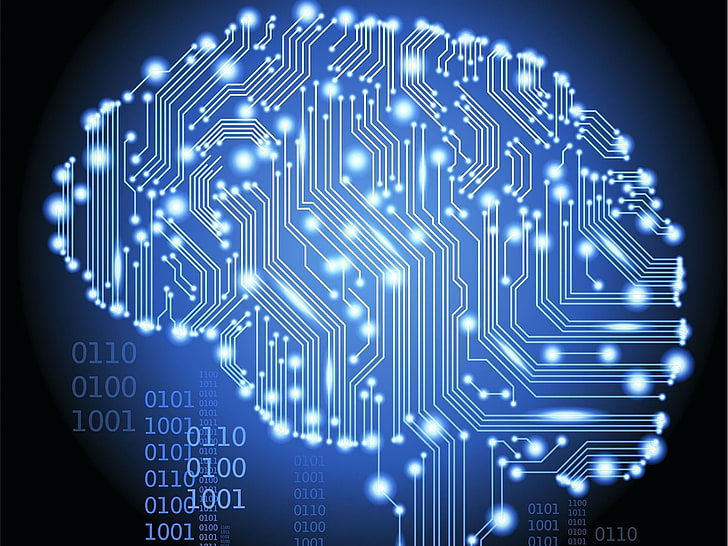 blue digital wallpaper, binary, brain, technology, electricity, HD wallpaper