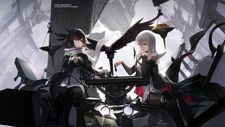 two black and gray haired female characters wallpaper, chess