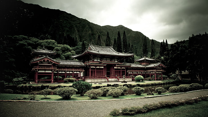 red and black temple, Asian architecture, Japanese, building, HD wallpaper