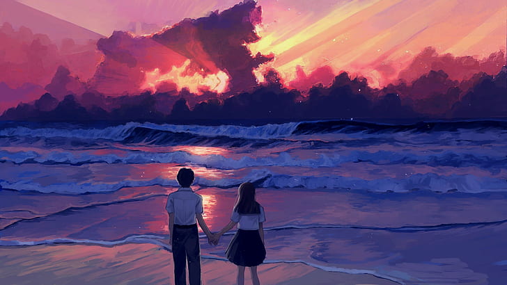 Hd Wallpaper Anime Illustration Landscape Sea Sunset Painting Digital Art Wallpaper Flare