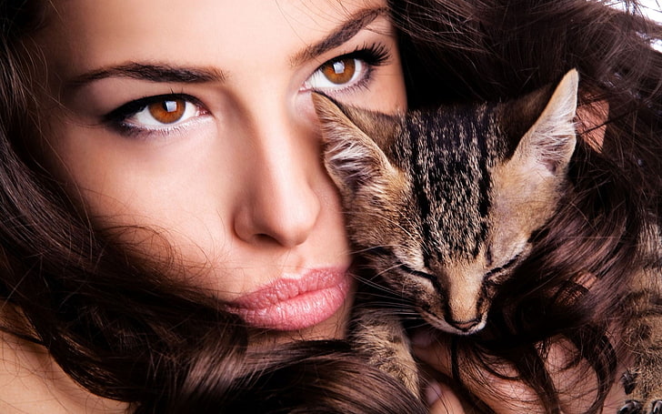 closeup view of woman's face and brown tabby cat, Melissa Riso, HD wallpaper