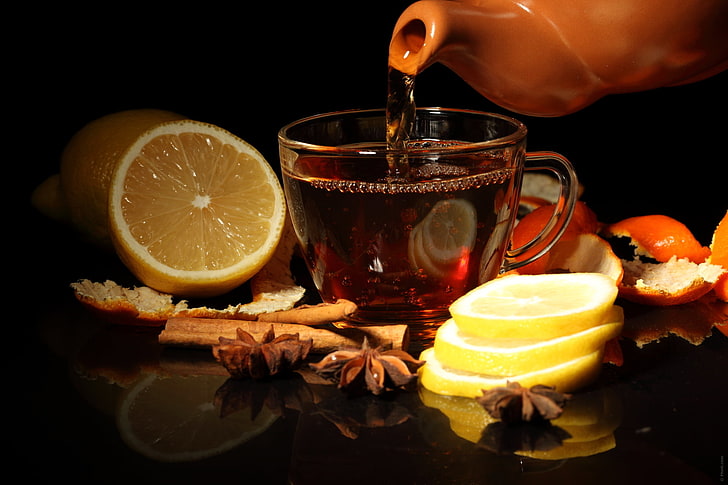 clear glass mug, lemon, tea, Cup, cinnamon, peel, drink, citrus Fruit