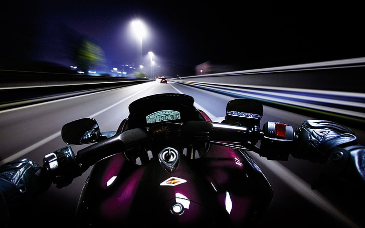 black and pink sports bike, motorcycle, night, speedometer, point of view